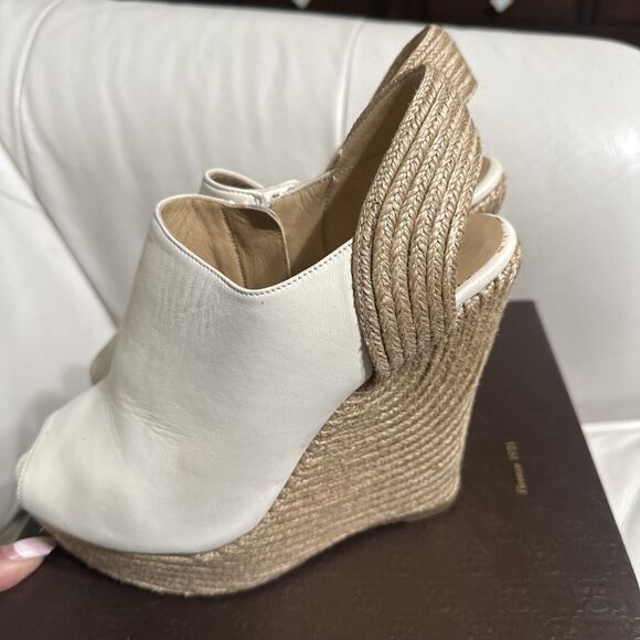 Authentic GUCCI Off White Leather Raffia Jute Wedge Heel Slingback Sandals Sz 39 - Picture 8 of 13